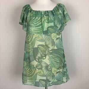 Show Me Your Mumu Green Leaf Print Elastic Neck Top Sm
